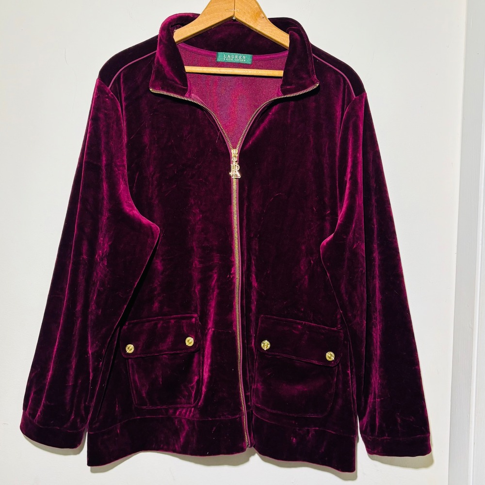 Lauren Ralph Lauren Burgundy Velour Track Jacket Gold Logo Zipper Pockets Sz M